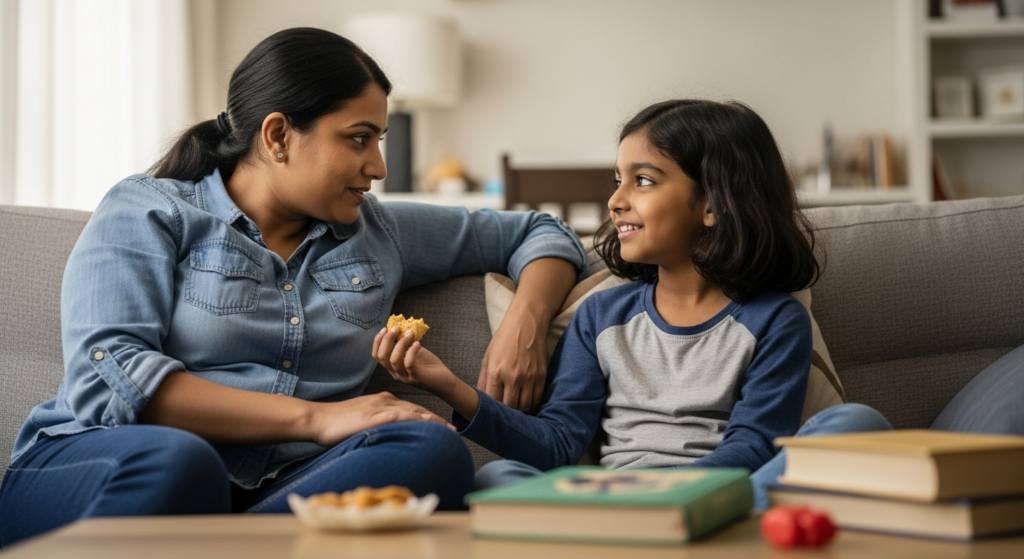 Indian mother having a warm parenting conversation with her child on a couch