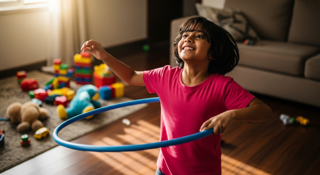 Child hula hooping at home during morning time with natural sunlight