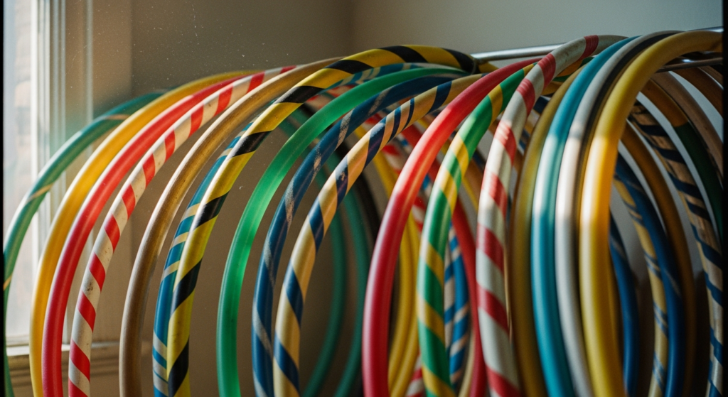 Colorful vintage hula hoops in various sizes and patterns, representing the rich history of hula hooping from ancient times to modern day