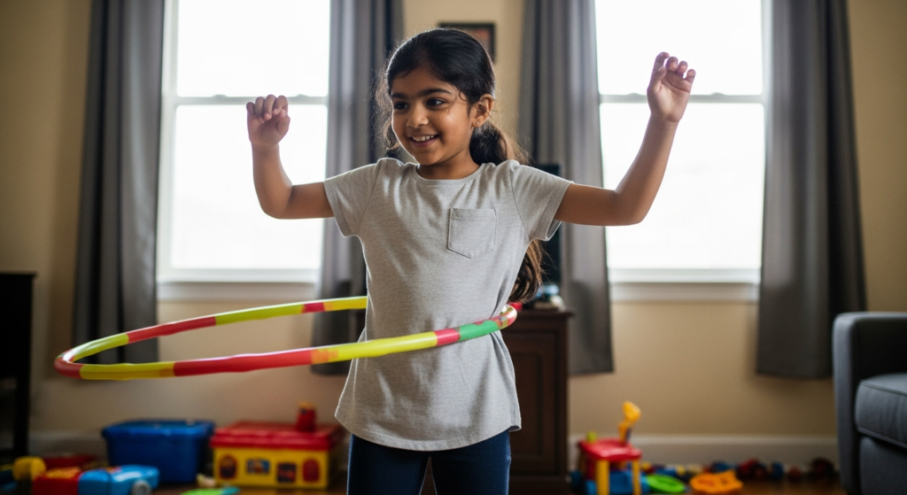 Young girl joyfully practicing hula hoop at home with HoopStar Academy online classes