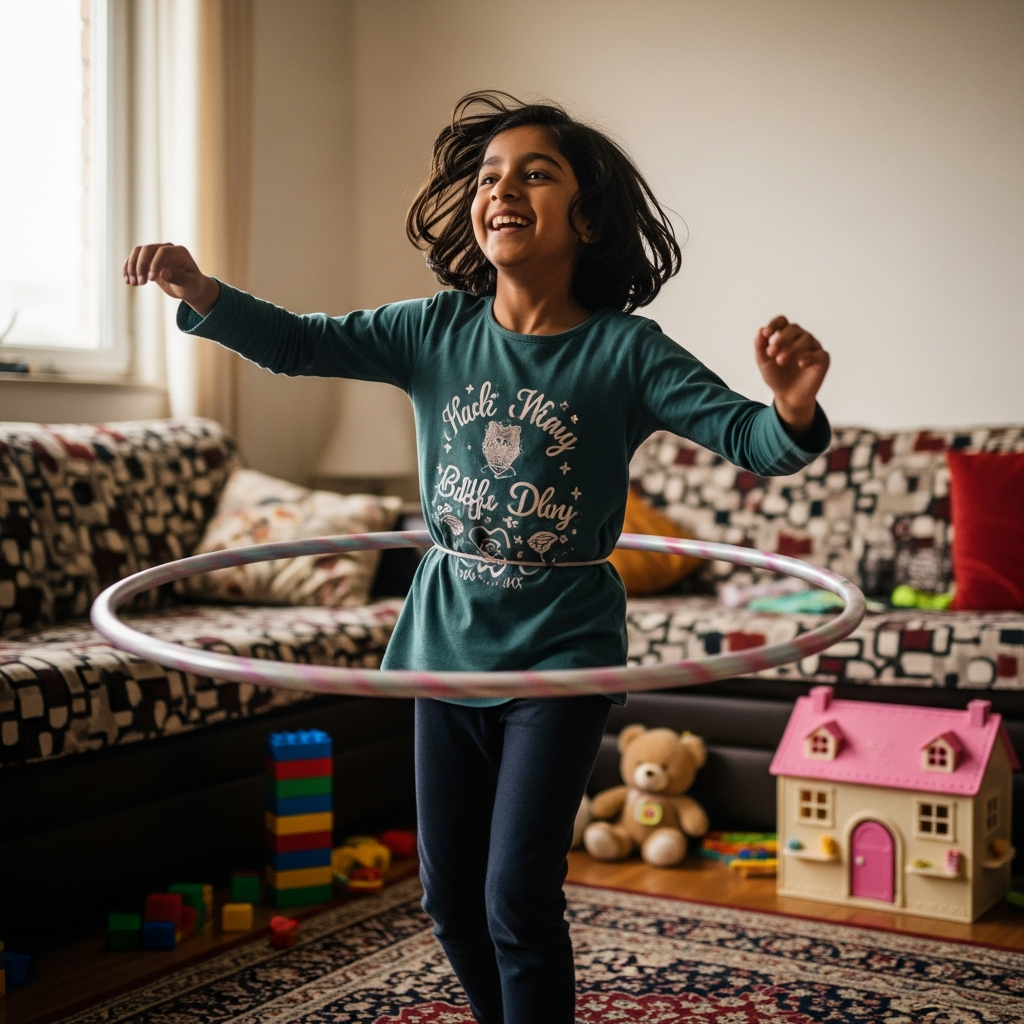 Joyful child celebrating a small win while practicing hula hoop at home