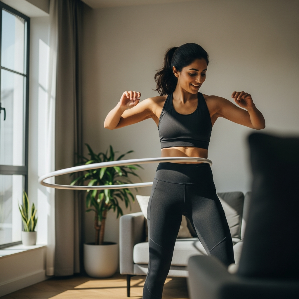 Woman practicing hula hoop workout at home for core fitness