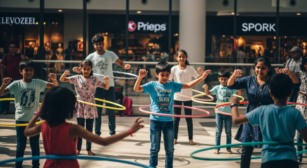 Children and adults hula hooping at an indoor workshop event in Pune