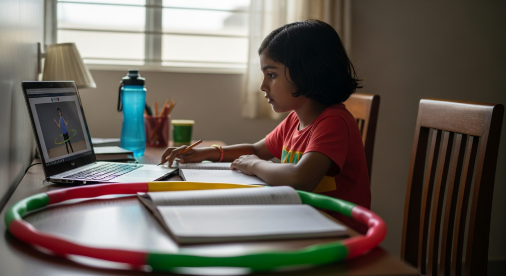 Child attending online hula hoop class on laptop with hula hoop nearby