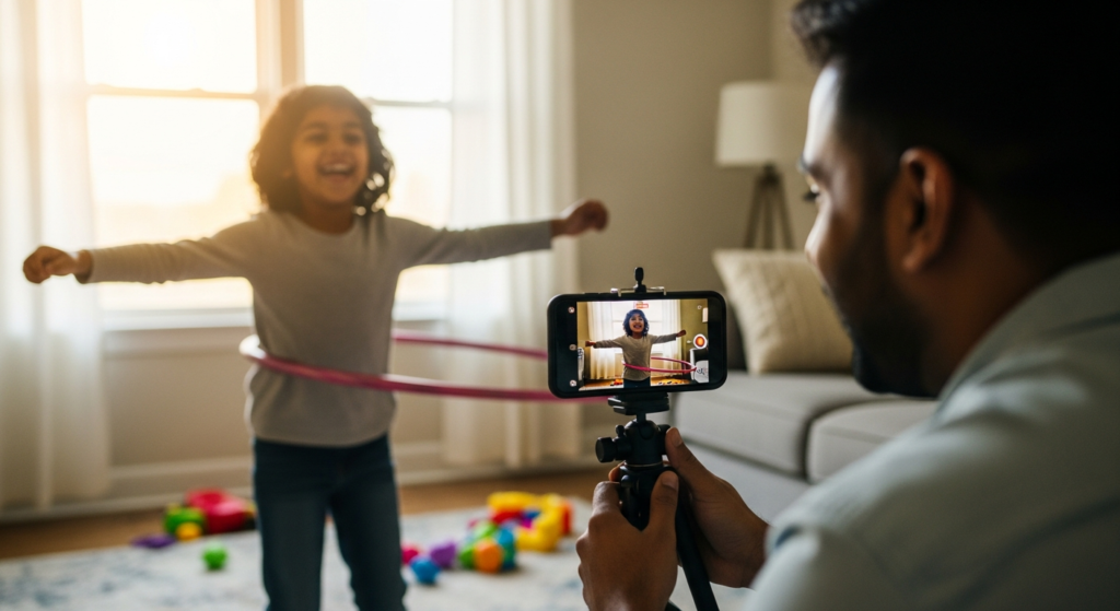 Parent filming child practicing hula hoop with smartphone on tripod in living room