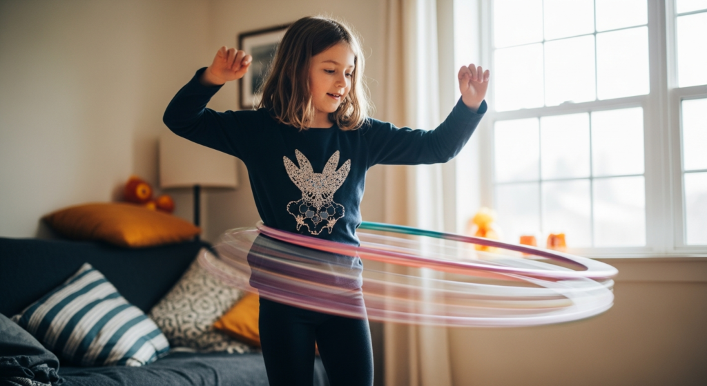 Young girl practicing beginner hula hoop choreography at home with natural joyful expression