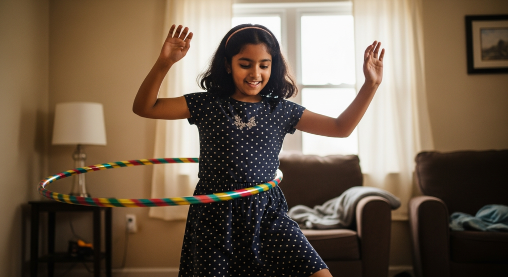 Young Indian girl performing an energetic hula hoop dance routine at home