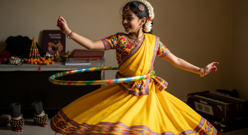 Young Indian girl in traditional dress performing classical dance while hula hooping