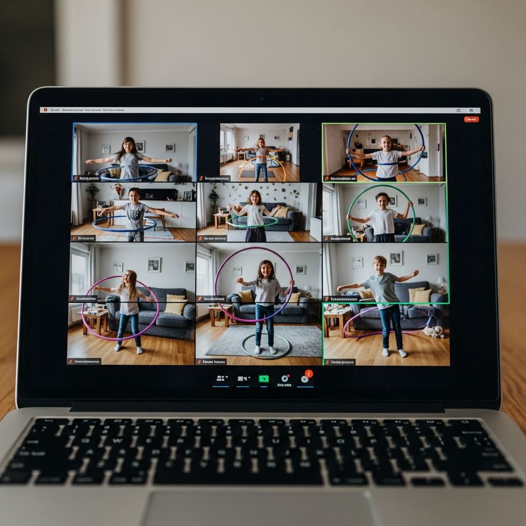 Kids practicing hula hoop choreography together in an online class on video call
