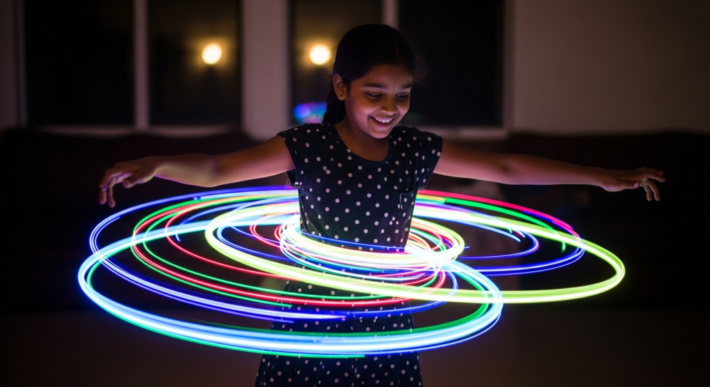 Young girl performing LED hula hoop performance in the dark with colorful light trails