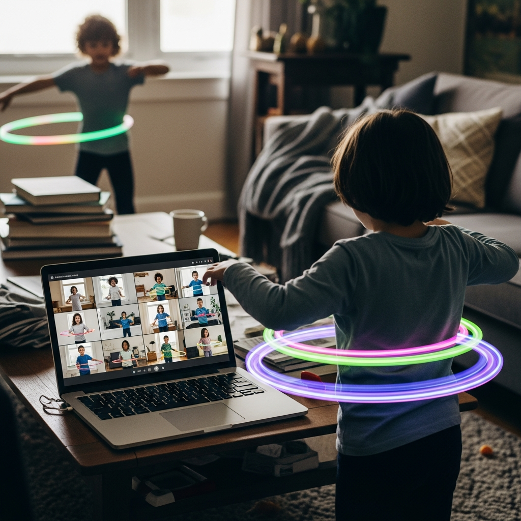 Child practicing glow hula hoop for kids during online hula hoop class