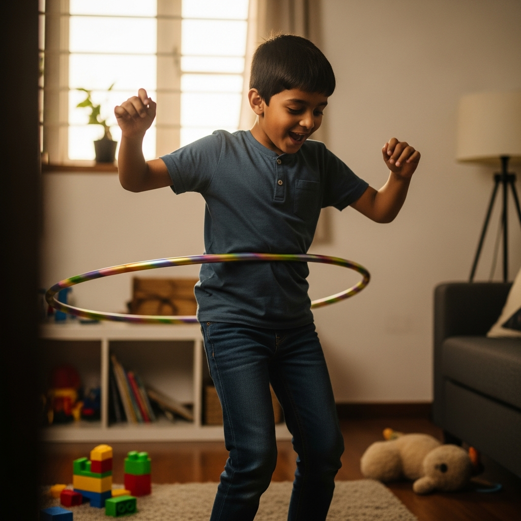 Young Indian boy joyfully spinning a hula hoop at home