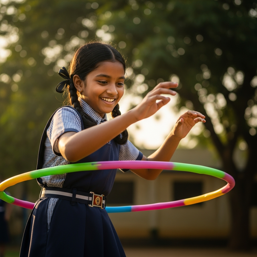 Smiling school girl doing hula hoop in a playground