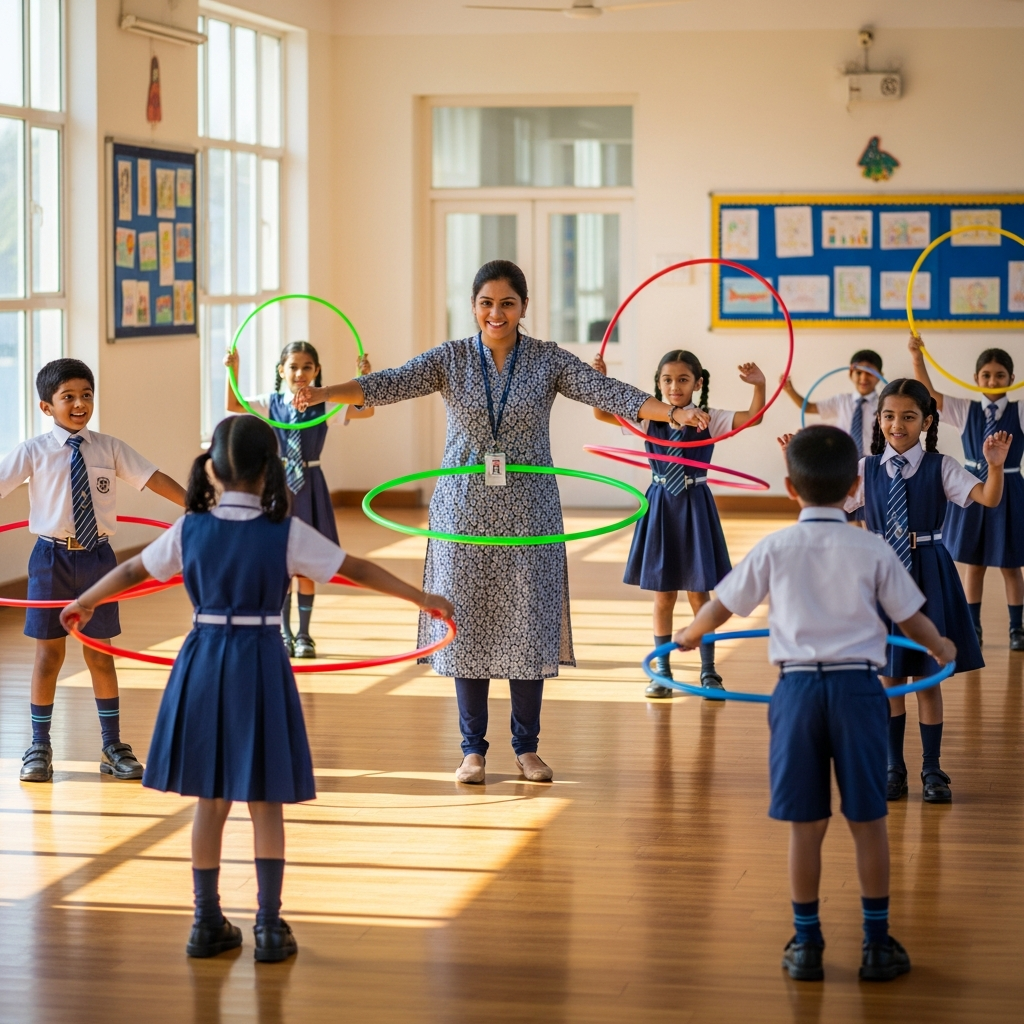 School children learning hula hoop tricks from a teacher in a gymnasium