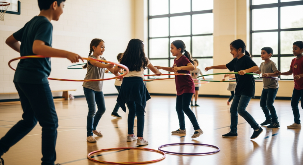 Kids playing a hula hoop game together in a school gym
