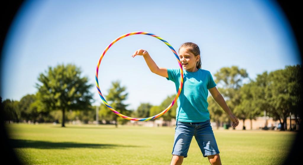 Child practicing a hula hoop trick outdoors in a park
