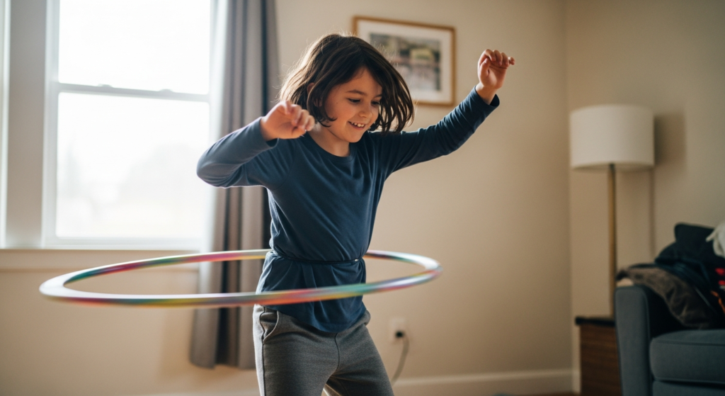 Child hula hooping at home for fitness and exercise