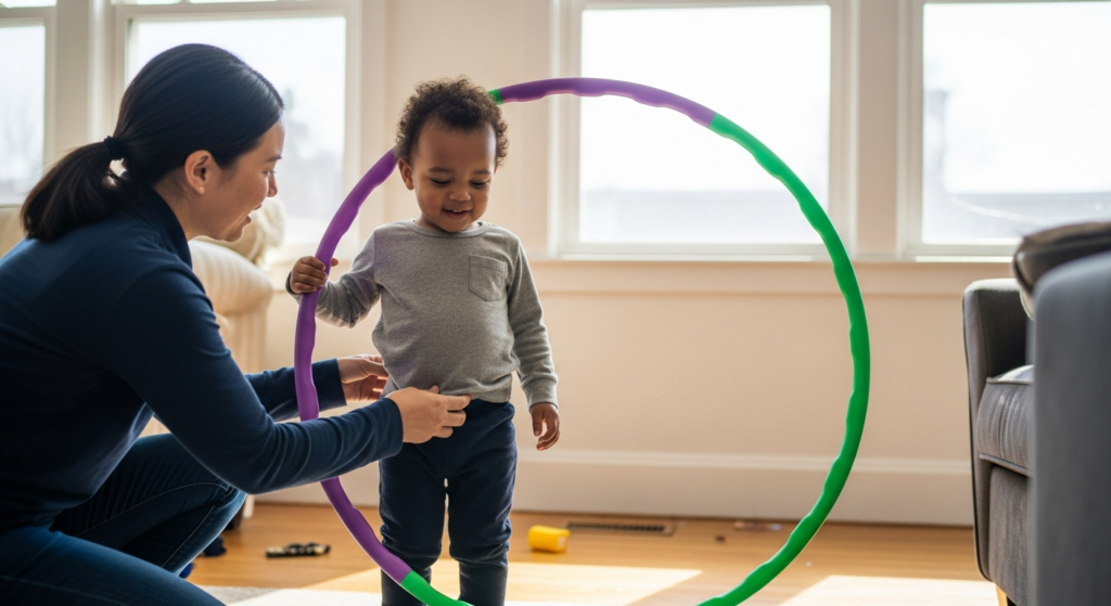 Parent helping a young child pick the right size hula hoop at home