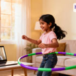 Young girl doing a hula hoop during a live online class at home with a teacher on the laptop