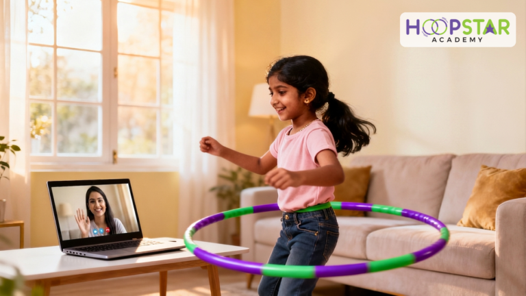 Young girl doing a hula hoop during a live online class at home with a teacher on the laptop